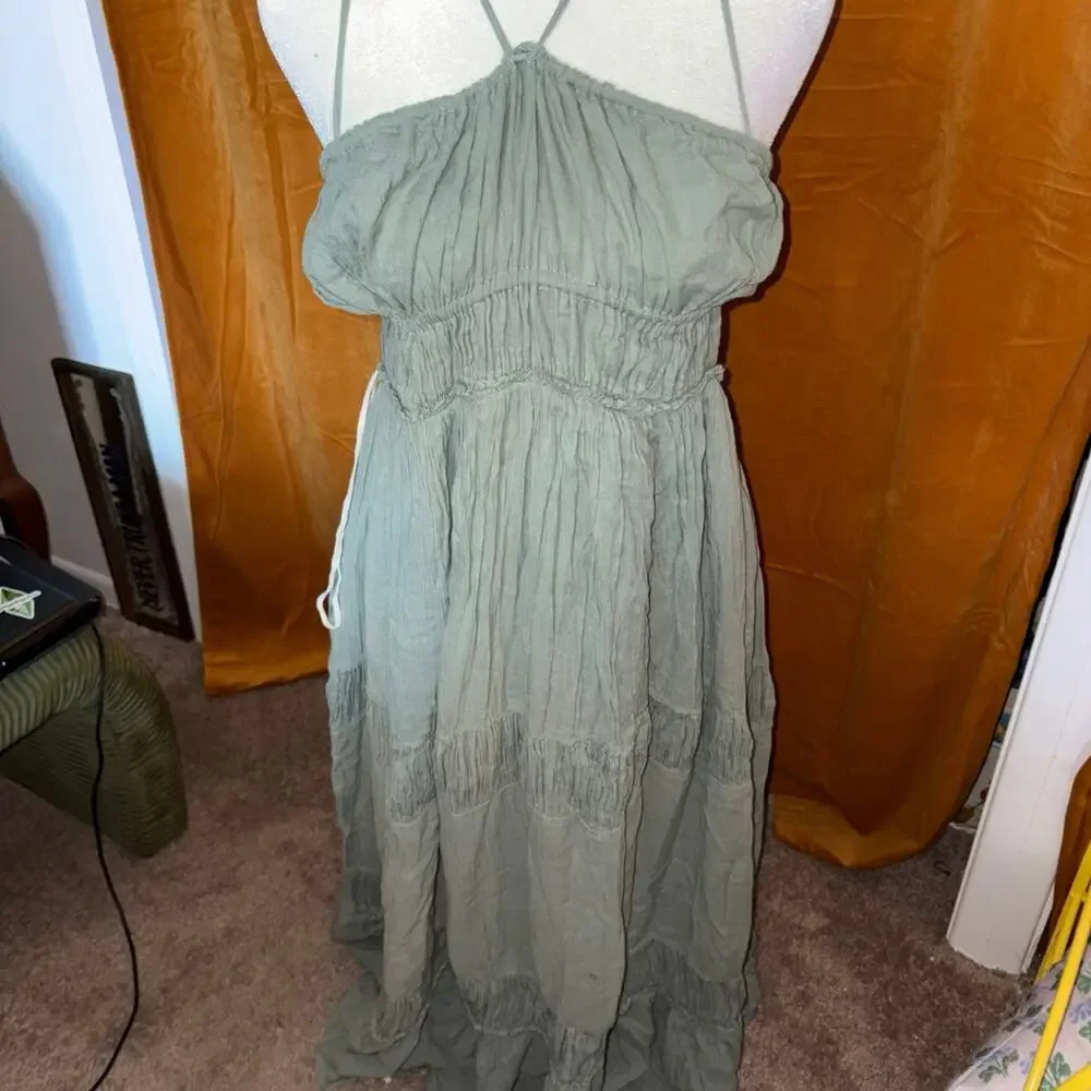 Free People Sage Green Halter Open Back Maxi Dress Boho Tiered Ruched